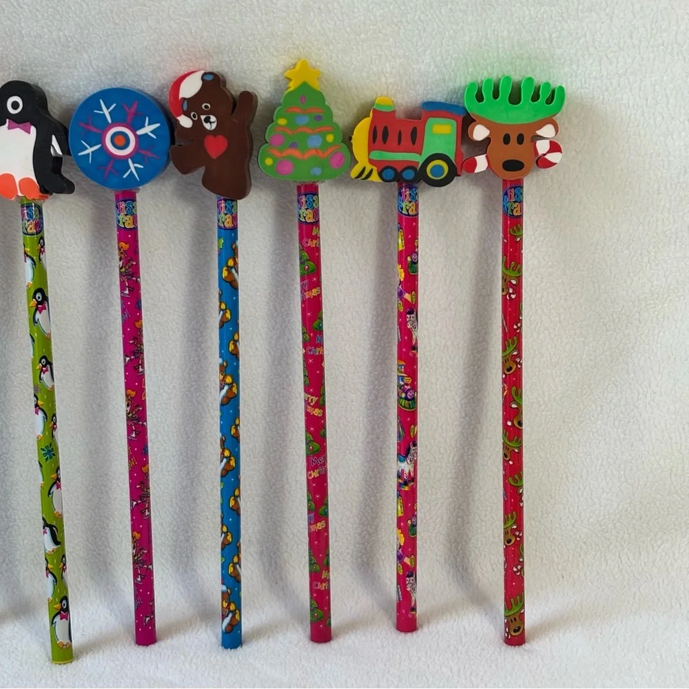 Rare Vintage New Lot of 13 Lisa Frank Holiday Pencils with fun eraser toppers